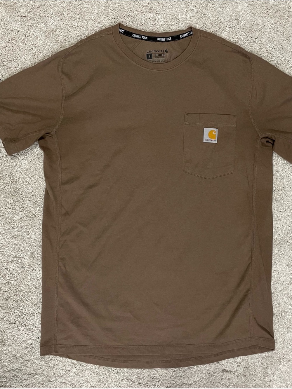 Carhartt Short-Sleeve Pocket Tee in Brown with Yellow Logo